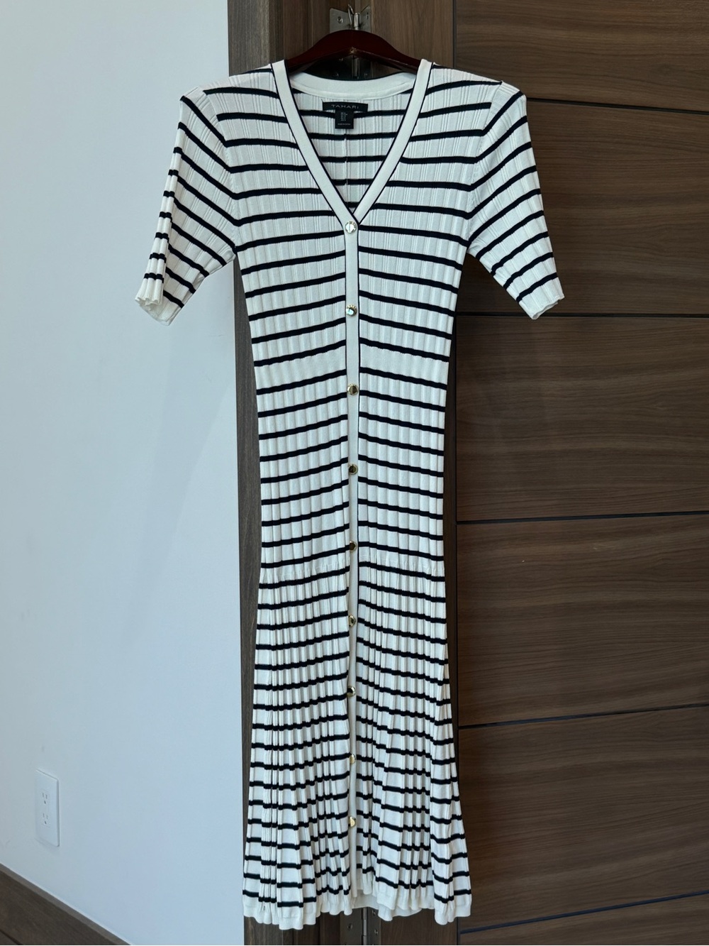 Tahari White and Black Striped V‑Neck Button Midi Dress